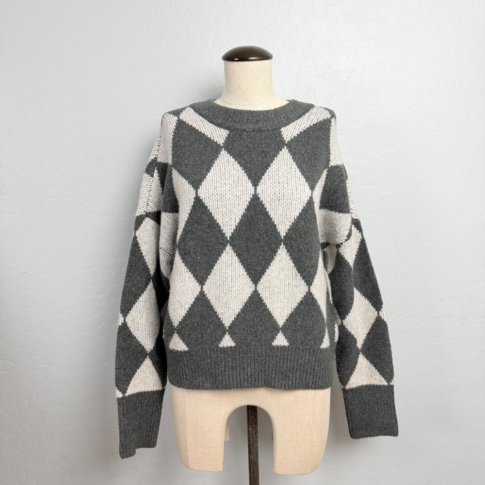 Abercrombie & Fitch Argyle Crewneck Sweater Grey Cream XXS Oversized